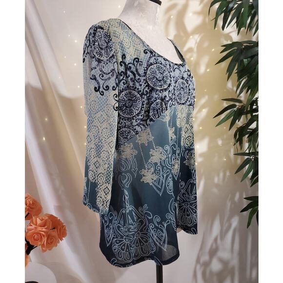 Vtg Axcess Liz Claiborne Sheer Mesh Overlay Babydoll 3/4 Sleeve Top Size XL Boho - Picture 4 of 11